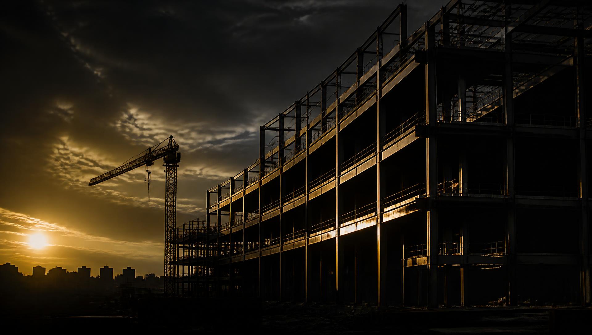 Steel-frame commercial building under construction at dusk with a tower crane